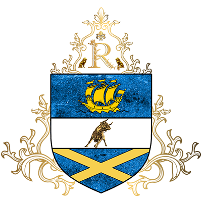 A coat of arms with the name of the city.