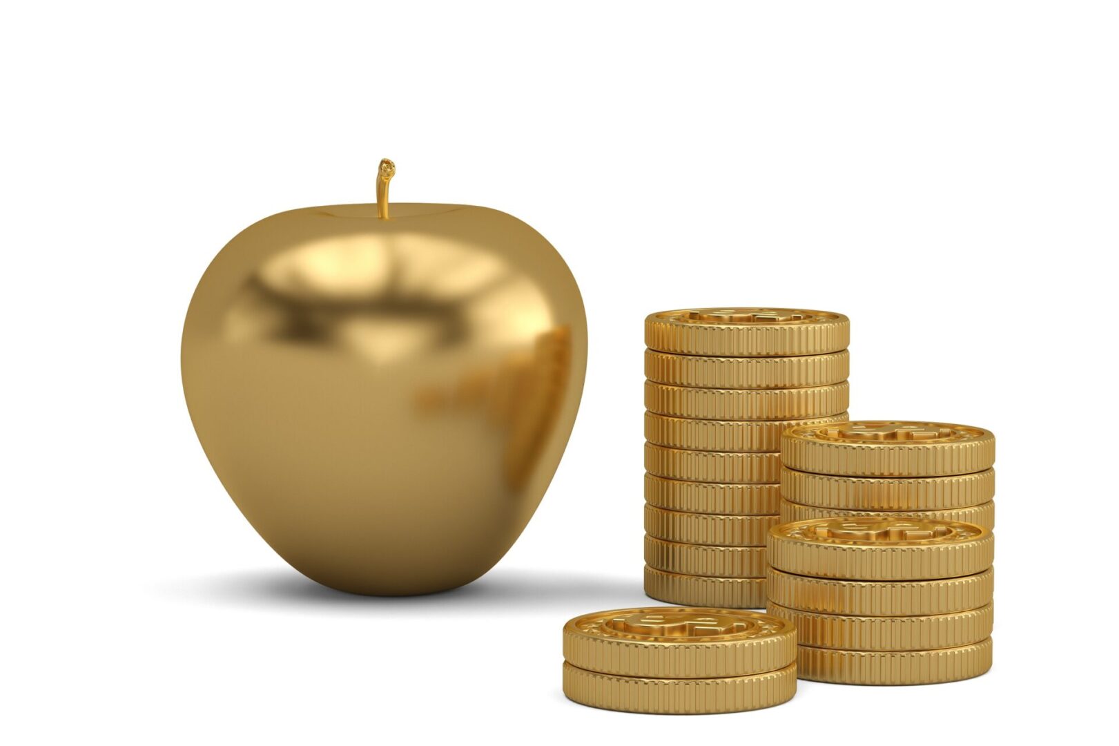 A golden apple sitting next to stacks of coins.
