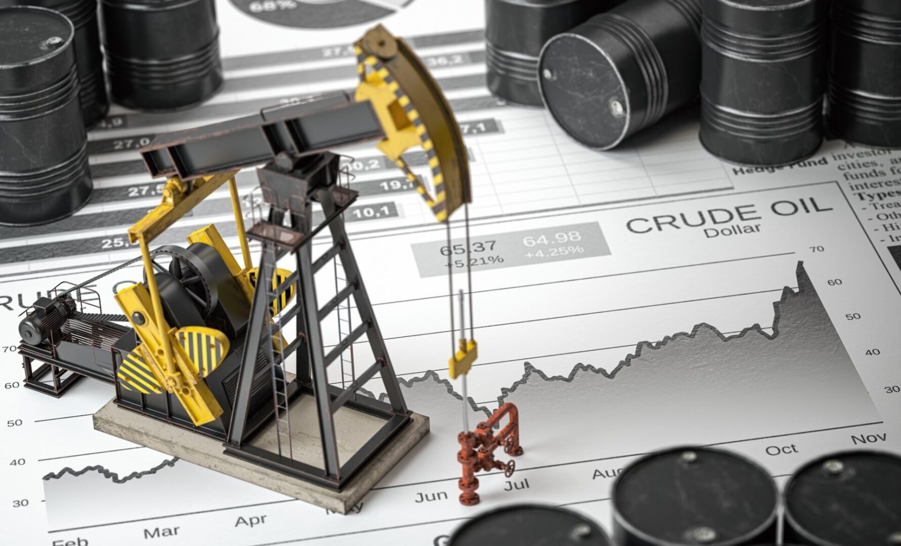 A toy oil rig and some barrels on top of a graph.